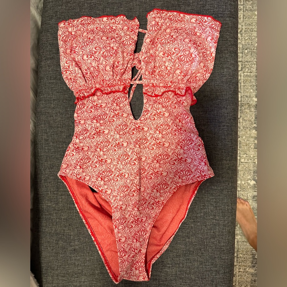 Red Floral Cutout One-Piece Swimsuit